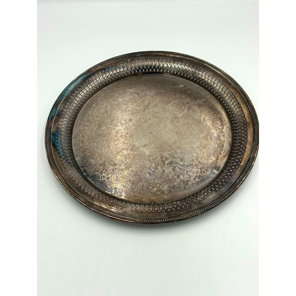 ONEIDA USA Silver Plate Round Serving Tray/Platter Pierced Rim Floral Center
